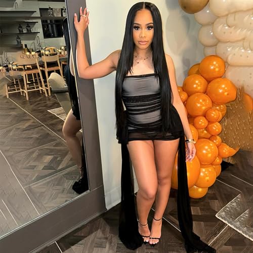 Uni Clau Black Sexy Off Shoulder Mesh Sheer Y2k Tube Mini Dress for Women Ribbon Bodysuit Party Club Birthday Dresses Date Night - Image 4