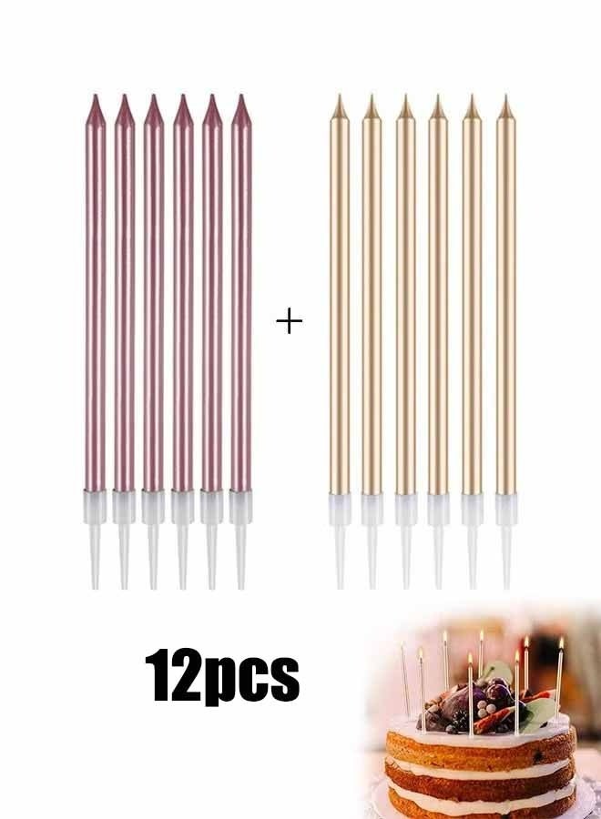 واي جيه مجموعة شموع عيد الميلاد باللوحة الكهربائية القابلة للتحلل شموع طويلة رفيعة مع حاملي الأقراص شموع الحفلة لكعك عيد الميلاد (ذهبية + وردية) - Image 1