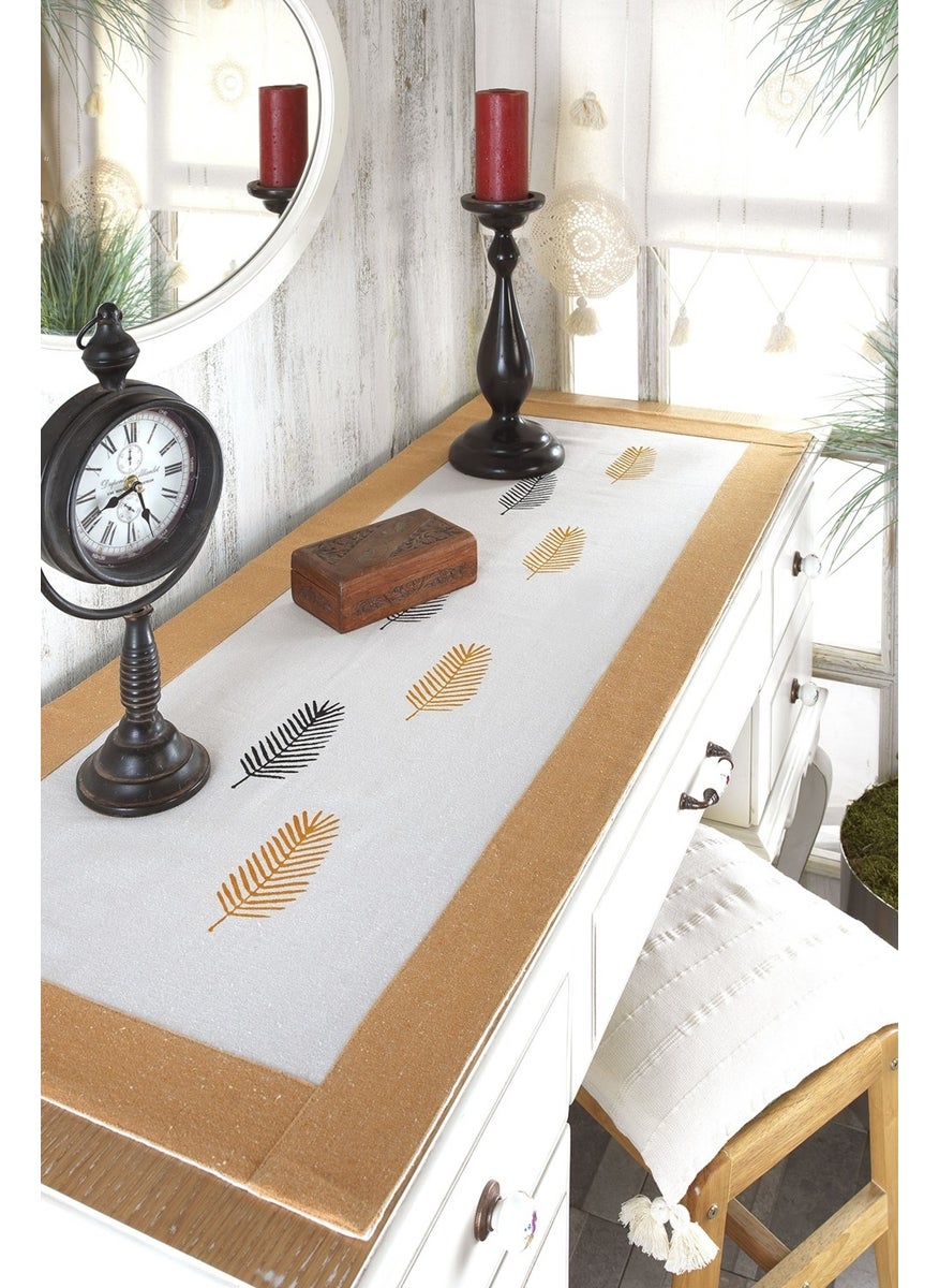 Ödel Home Buldan Linen Bordered Stone Printed Leaf Patterned Runner  - Image 1