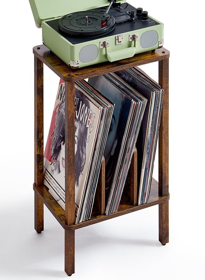 LELELINKY 2-Tier Record Player Stand with Vinyl Record Storage up to 100 Albums, Bedroom Record Holder and Multi-Functional End Table for Living Room, Brown - Image 1