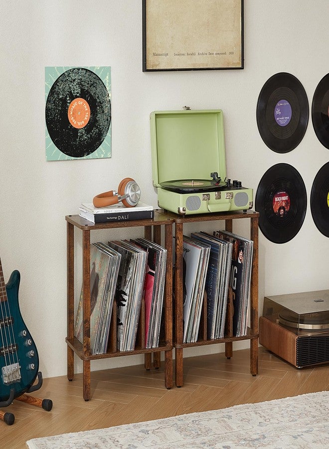 LELELINKY 2-Tier Record Player Stand with Vinyl Record Storage up to 100 Albums, Bedroom Record Holder and Multi-Functional End Table for Living Room, Brown - Image 2