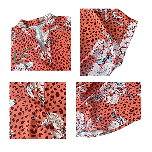 ANCAPELION Women’s Summer Chiffon Blouse Casual Short Sleeve V Neck Shirt Loose Printed Cuffed Sleeve Tunic Tops for Women Leopard Brown Printed Medium - Image 5