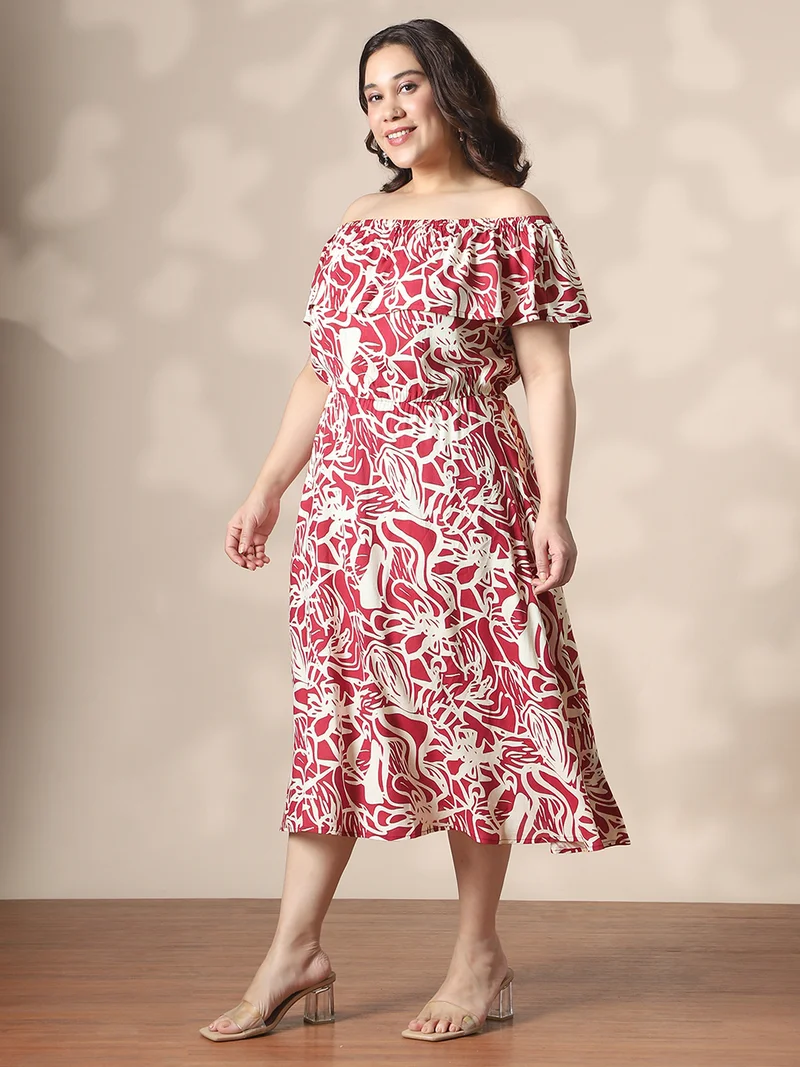 جلو باص فستان ميدي نسائي جلوبلس أحمر بطبعة مجردة بكتف مكشوف وقصة واسعة مقاس كبير