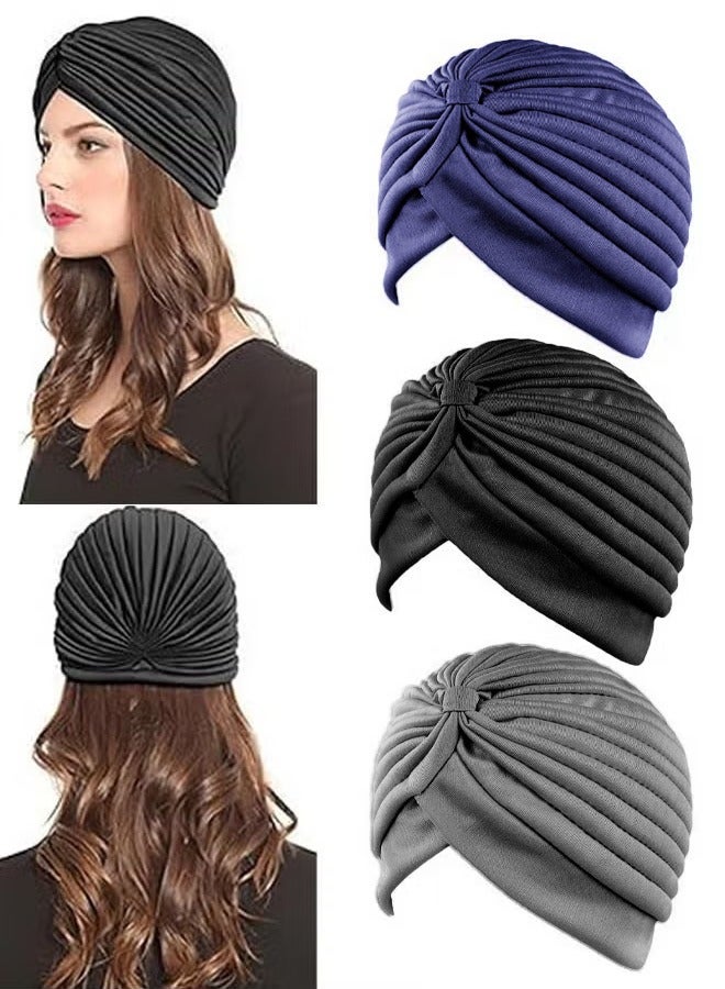 HY 3 Pieces Fashion Turbans for Women Soft Pre Tied Knot Fashion Pleated Cancer Turban Cap Chemo Headwrap Sleep Hat, 3 Colors - Image 1