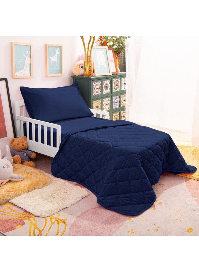 NTBAY NTBAY Toddler Bedding Set - 4 Piece Soft and Breathable Crib Bedding Set for Boys and Girls, Includes Quilted Comforter, Fitted Sheet, Flat Top Sheet and Envelope Pillowcase, Navy Blue - Image 4