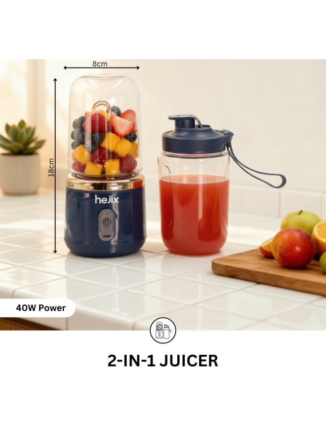 HEJIX Rechargeable Mini Juicer Blender, 2-in-1 Portable Juice Maker, 40W Motor, 1200mAh Battery, 6-Blade Stainless Steel, 2 x 400ml Cups – Model HX402 - Image 2