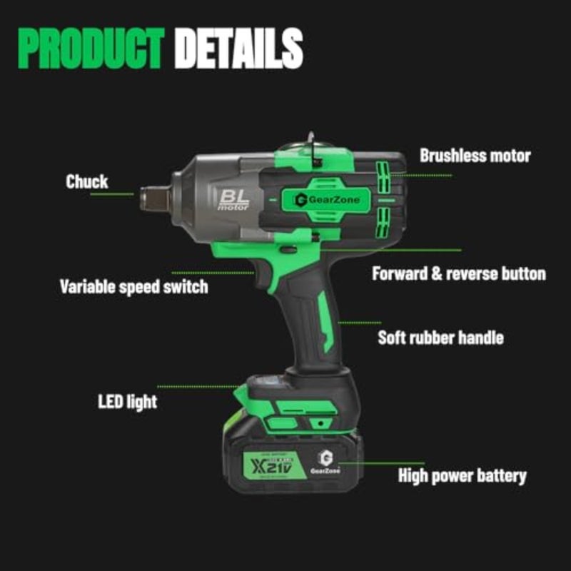 2000Nm High Torque Impact Driver, Cordless Impact Wrench 1/2 inch with 2pcs 4.0Ah Batteries, Fast Charger, 5 Sockets and Storage Box, Suitable for Car, Truck, Furniture, etc - Image 2
