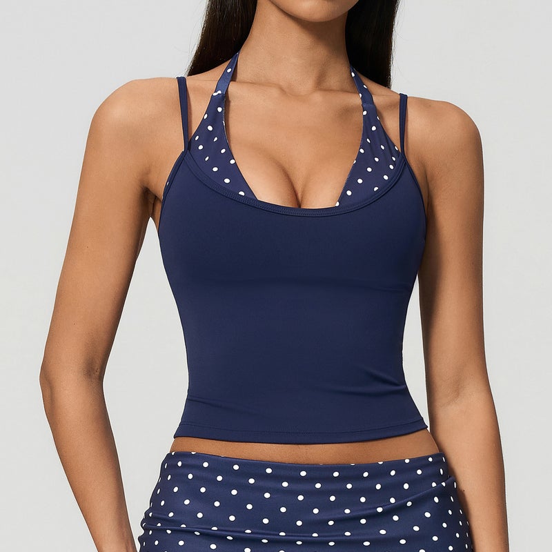 Women's Sports Bra with Polka Dots and Stripes, Halter Neck, Shaping - Image 5
