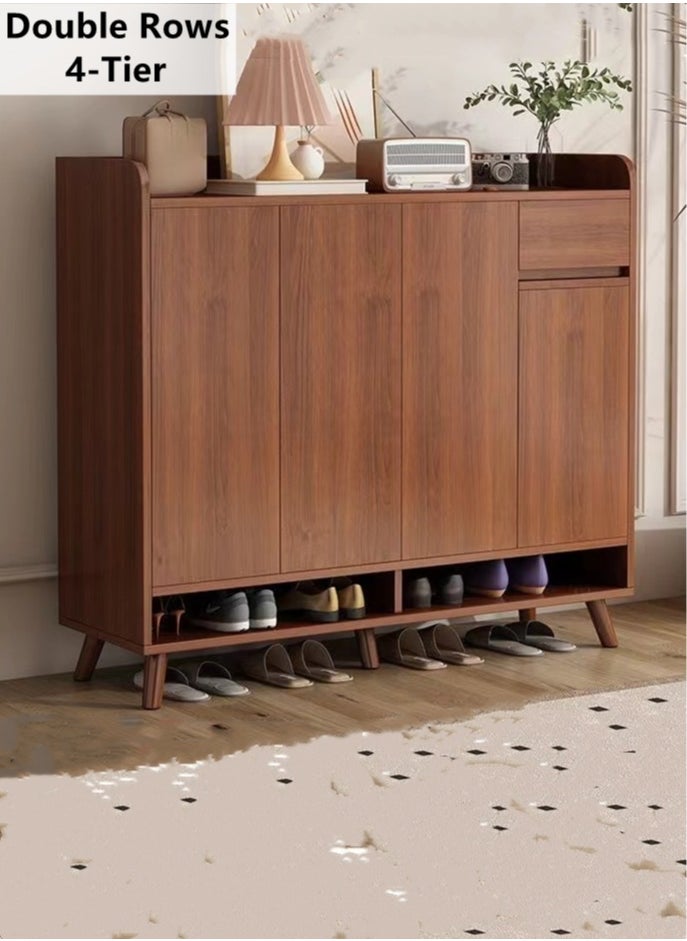 Kutis Double Rows 4 Tier Shoe Cabinet Storage Shoe Rack Organizer With Drawers And Doors Wood Brown 120x32x100 cm  - Image 1