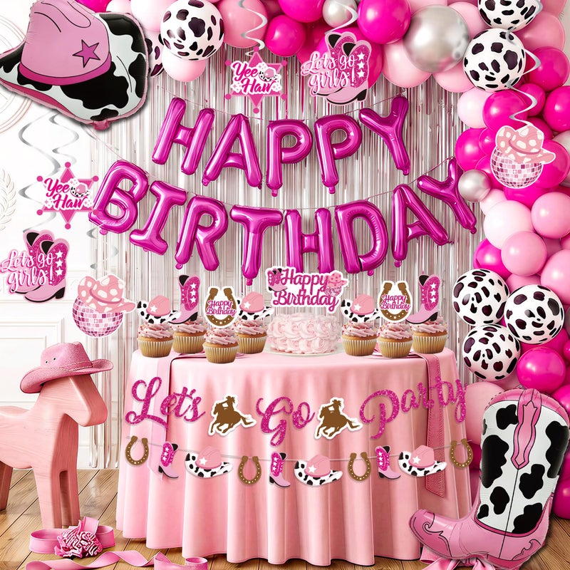 jenlion Disco Cowgirl Birthday Party Decorations 105PCS Pink Decorations Happy Birthday Foil Balloons Hanging Swirls Hot Pink Silver Balloon Garland Arch Kit Banner Cake Topper - Image 2