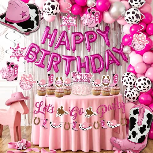 jenlion Disco Cowgirl Birthday Party Decorations 105PCS Pink Decorations Happy Birthday Foil Balloons Hanging Swirls Hot Pink Silver Balloon Garland Arch Kit Banner Cake Topper - Image 1