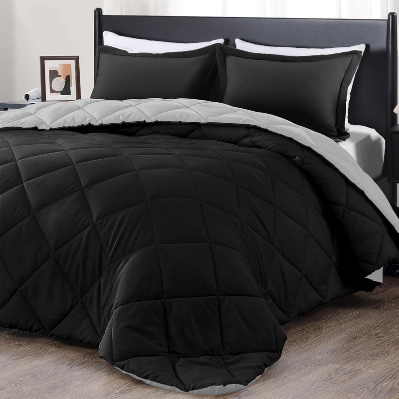 downluxe Full Size Comforter Set - Black and Grey Full Comforter - Soft Bedding Sets for All Seasons -3- Piece Comforter Set Full with 2 Reversible Pillow Shams - Image 1