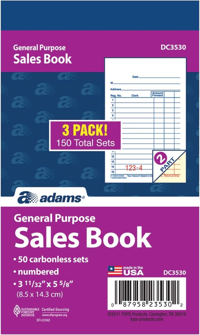 Adams General Purpose Sales Book - 3 Pack, 2-Part Carbonless, 50 Sets per Book, 3-11/32 x 5-5/8 Inches - Image 1