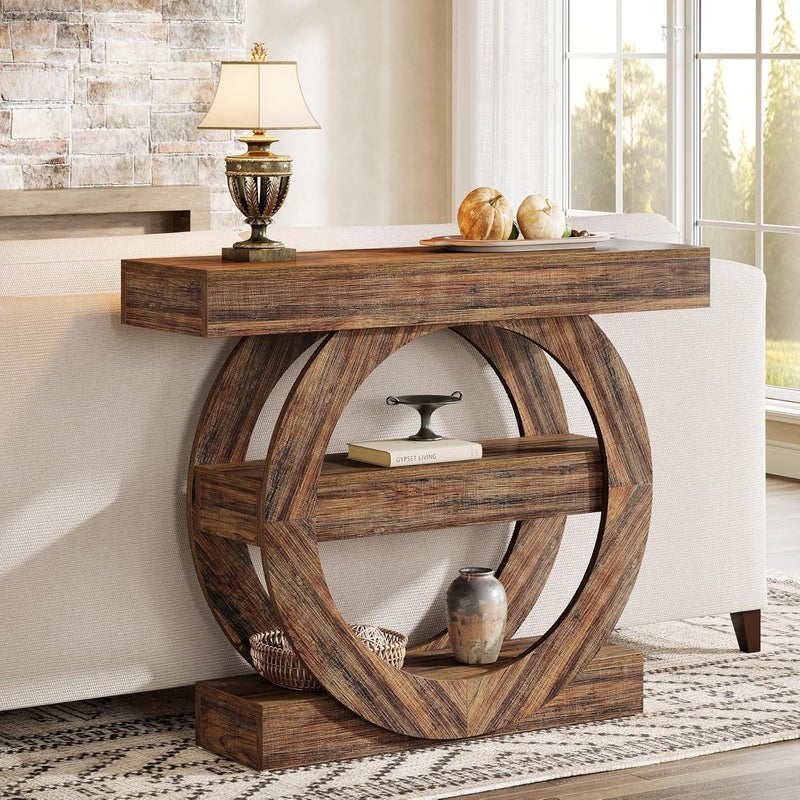Tribesigns 105cm Farmhouse Console Table, 3-Tier Sofa Table Behind Couch with Circle Base, Entryway Furniture with Storage Shelves for Living Room, Hallway, Foyer (Rustic Brown) - Image 3