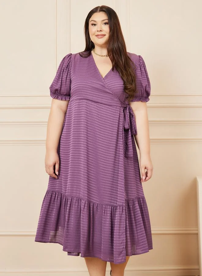 ستايلي Styli Plus Check Textured Ruffle Hem Wrap Midi Dress