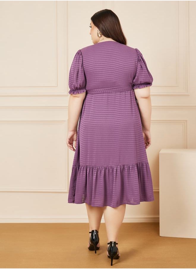 Styli - Plus Check Textured Ruffle Hem Wrap Midi Dress - Image 1