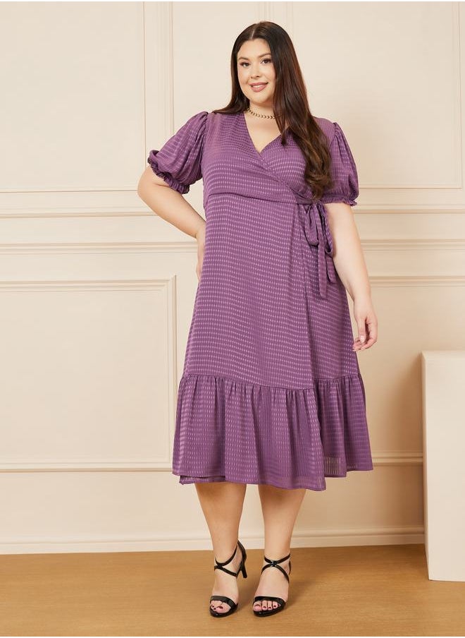Styli - Plus Check Textured Ruffle Hem Wrap Midi Dress - Image 1