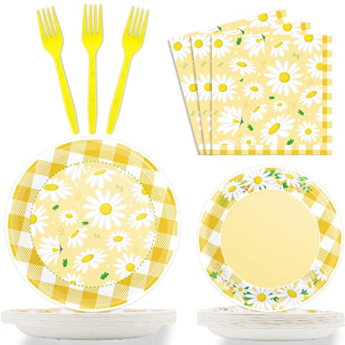 Wiooffen 96 Pcs Daisy Flower Party Supplies for 24 Guests Daisy Party Tableware Set Yellow Daisy Flower Birthday Party Pack Paper Plate Napkin Fork for Birthday Party Wedding Bridal Baby Shower - Image 1