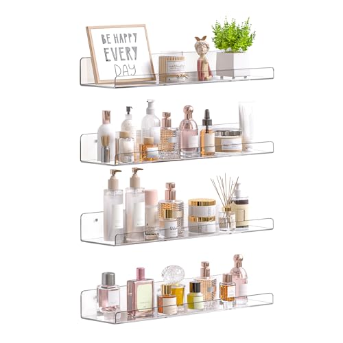 upsimples Acrylic Shelves for Bathroom Storage, 15" Floating Shelves Wall Organizer for Perfume, Make up, Skincare, Kids Bookshelf for Bedroom, Nursery, Living Room Decor, Clear, 4 Pack - Image 1