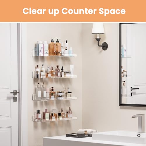 upsimples Acrylic Shelves for Bathroom Storage, 15" Floating Shelves Wall Organizer for Perfume, Make up, Skincare, Kids Bookshelf for Bedroom, Nursery, Living Room Decor, Clear, 4 Pack - Image 3