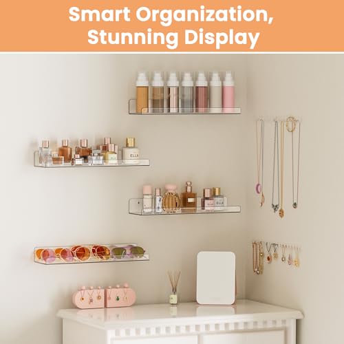 upsimples Acrylic Shelves for Bathroom Storage, 15" Floating Shelves Wall Organizer for Perfume, Make up, Skincare, Kids Bookshelf for Bedroom, Nursery, Living Room Decor, Clear, 4 Pack - Image 4