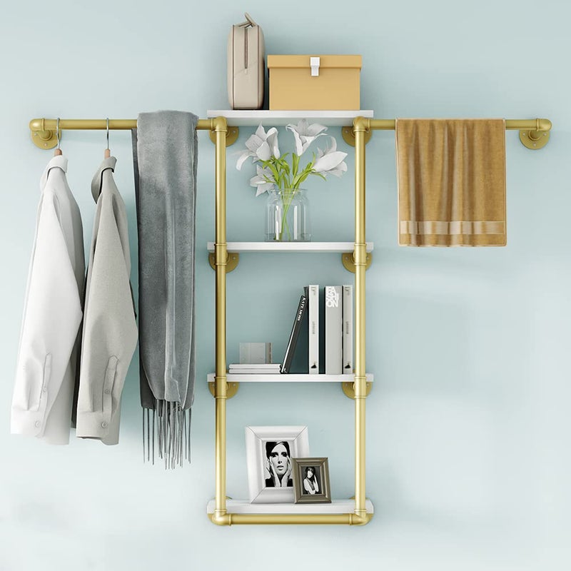 MAIKAILUN Wall Mounted Pipe Clothing Rack with ShelfGold Industrial Clothes Rack with 4 Tier Closet Bar Heavy Duty Iron Garment Rack Retail Display Clothes Rod for Hanging ClothesLaundry Room Gold 