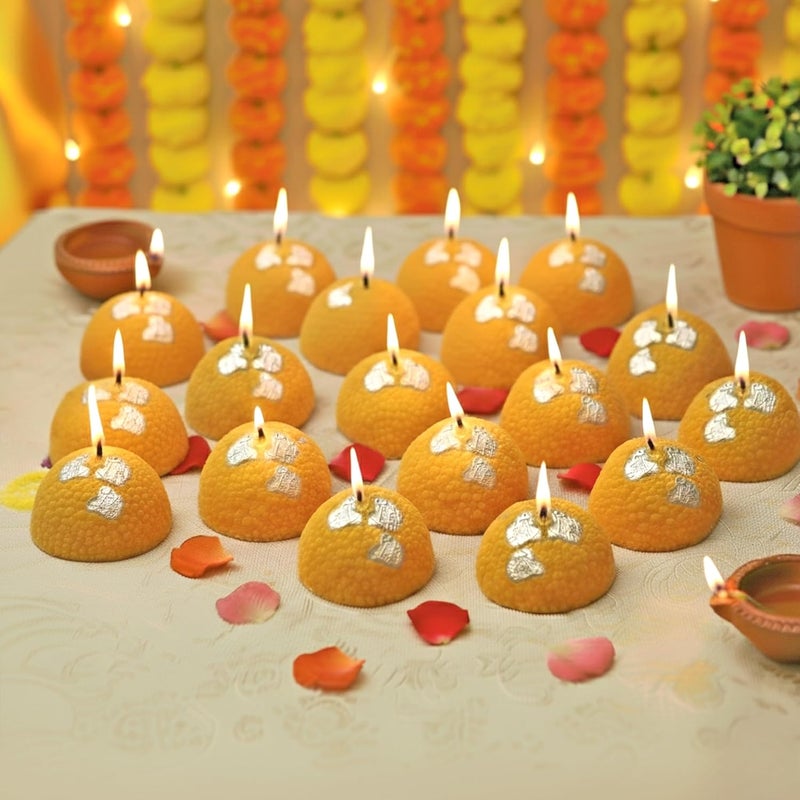 CraftVatika شموع لتزيين ديوالي مجموعة من 18، شموع شمع الصويا عنصر زينة احتفالية بشكل لادو شكل شمعة فريدة عناصر تزيين بوجا للمنزل، هدايا ديوالي للأصدقاء والعائلة (عبوة من 18) - Image 1