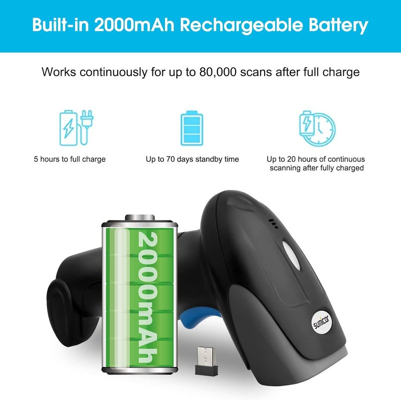 ماسح ضوئي للباركود أحادي البعد من سوميكور، اتصال لاسلكي 2.4G و USB متوافق مع ويندوز 7 10 11، قارئ باركود محمول بمستشعر CCD مع حامل (لاسلكي أحادي البعد مع قاعدة) - Image 5