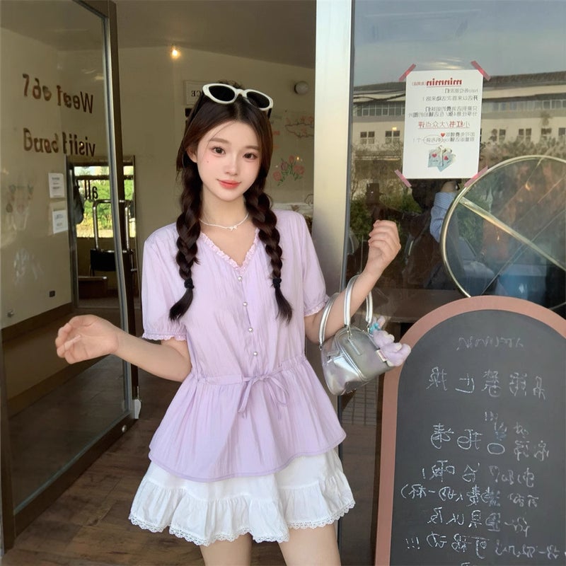 Real S Of Light Purple V Neck Right Shoulder Shirt For Women 2025 Summer Drawstring Waist Baby Doll Top - Image 4