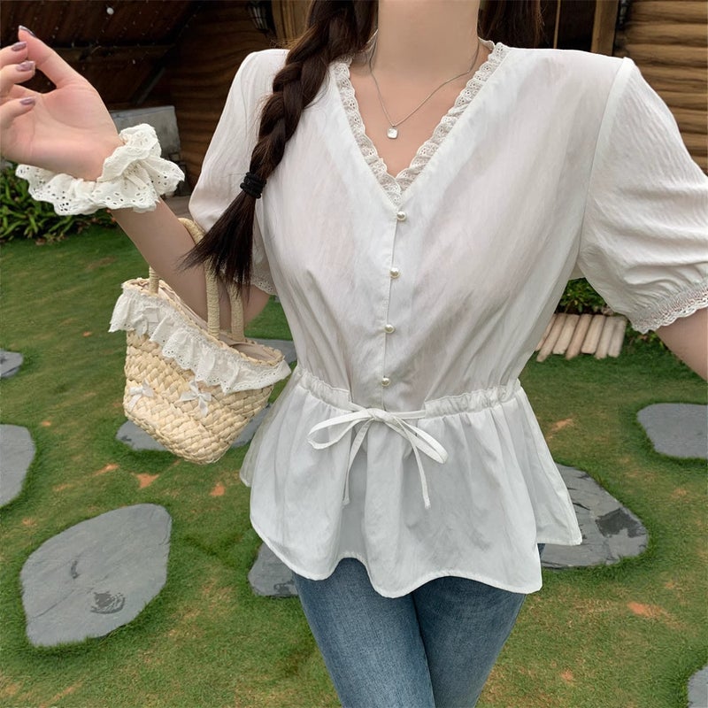 Real S Of Light Purple V Neck Right Shoulder Shirt For Women 2025 Summer Drawstring Waist Baby Doll Top - Image 3
