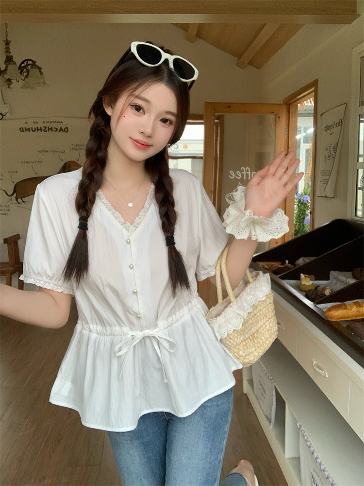 Real S Of Light Purple V Neck Right Shoulder Shirt For Women 2025 Summer Drawstring Waist Baby Doll Top - Image 1
