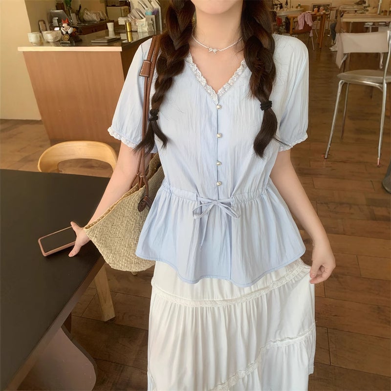 Real S Of Light Purple V Neck Right Shoulder Shirt For Women 2025 Summer Drawstring Waist Baby Doll Top - Image 2
