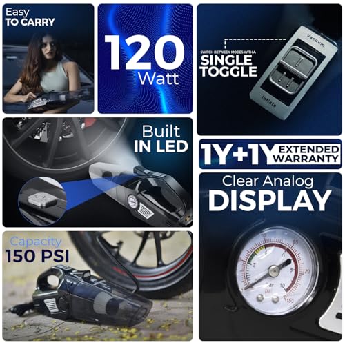 WOSCHER AirVac Pro+ 3in1 USB Rechargeable Car Vacuum Cleaner Cordless,Tyre Inflator,150 PSI Digital Air Pump for Car Tyre|120 Watt Car Vacuum Cleaner High Power 6000PA |LED Light| Auto Shut Off - Image 2
