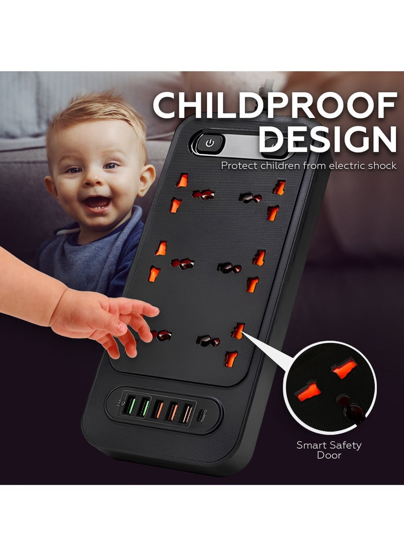 AMROAH - 2m Power Strip Extension Cord with Multiple Protector Outlets 6 Plug Outlets 5 USB 3.4A 1 USB-C, Universal Extension Wire with Charging Socet for Home Office Dorm Building Phones Tablets - Image 1