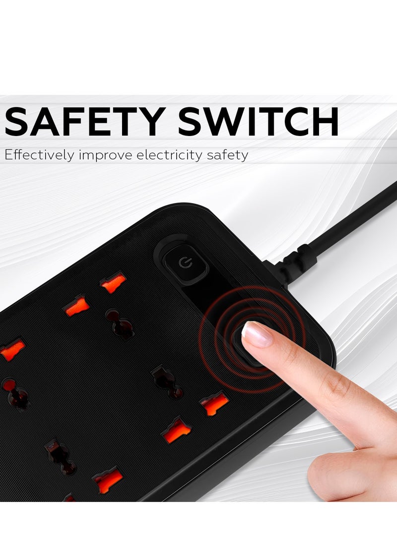 AMROAH - 2m Power Strip Extension Cord with Multiple Protector Outlets 6 Plug Outlets 5 USB 3.4A 1 USB-C, Universal Extension Wire with Charging Socet for Home Office Dorm Building Phones Tablets - Image 1
