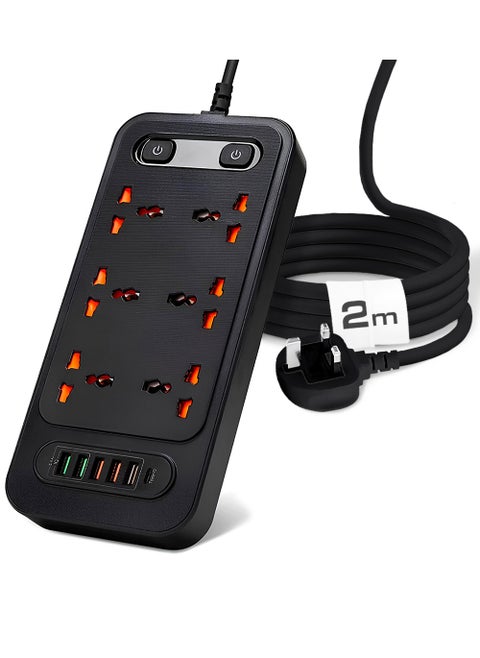 2m Power Strip Extension Cord with Multiple Protector Outlets 6 Plug Outlets 5 USB 3.4A 1 USB-C, Universal Extension Wire with Charging Socet for Home Office Dorm Building Phones Tablets