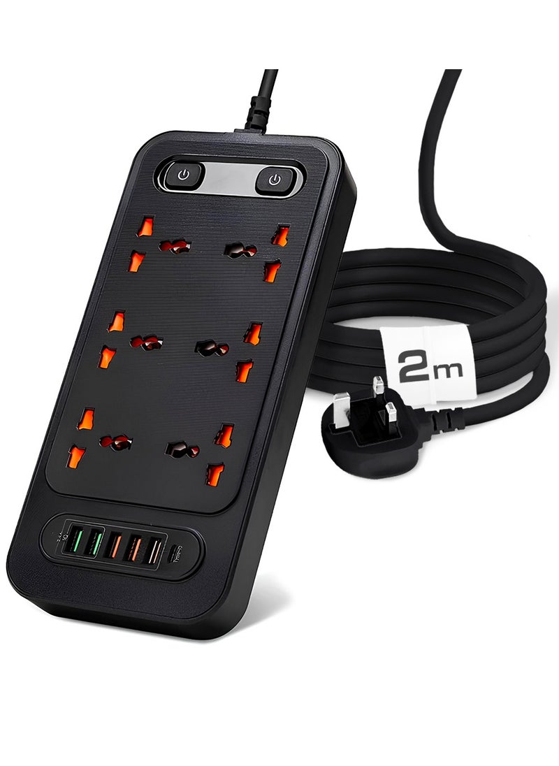 AMROAH - 2m Power Strip Extension Cord with Multiple Protector Outlets 6 Plug Outlets 5 USB 3.4A 1 USB-C, Universal Extension Wire with Charging Socet for Home Office Dorm Building Phones Tablets - Image 1