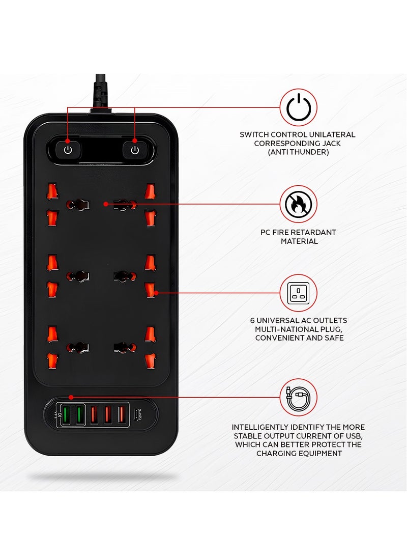 AMROAH - 2m Power Strip Extension Cord with Multiple Protector Outlets 6 Plug Outlets 5 USB 3.4A 1 USB-C, Universal Extension Wire with Charging Socet for Home Office Dorm Building Phones Tablets - Image 1