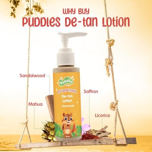 Puddles Kids Brightening Kumkumadi De-Tan Lotion (100 ML) | Tan Removal & Skin Nourishment for Ages 2+ | Saffron, Sandalwood & Licorice | Hydrates, Soothes & Protects | Paraben-Free, Fast-Absorbing - Image 2