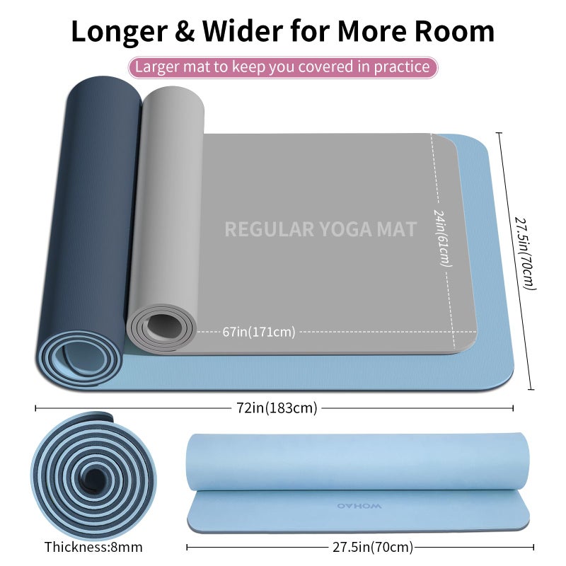 WOHAO Extra Thick 8mm Yoga Mat, 72"x28" Non Slip Exercise Mat, Reversible 2-Sided Dual Color Premium POE Material, with Carrying Strap for Yoga, Pilates, Home Gym - Image 5