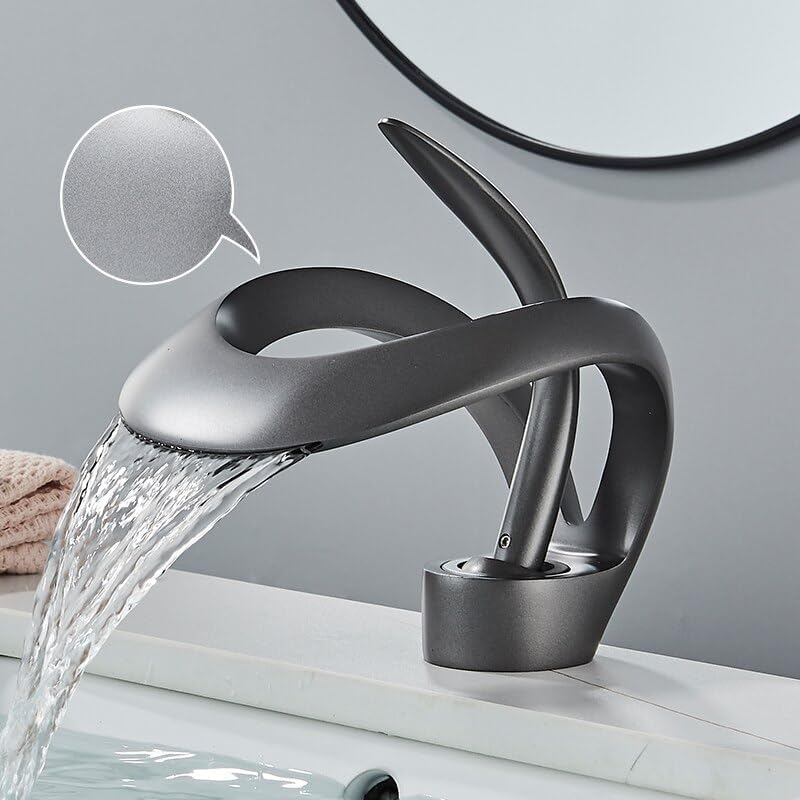 KEYOZA Waterfall Taps for Bathroom Basin Single Handle Sink Taps for Bathroom Hot and Cold Brass Bathroom Tap Grey - Image 1