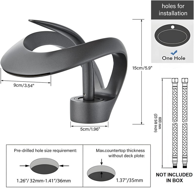 KEYOZA Waterfall Taps for Bathroom Basin Single Handle Sink Taps for Bathroom Hot and Cold Brass Bathroom Tap Grey - Image 3