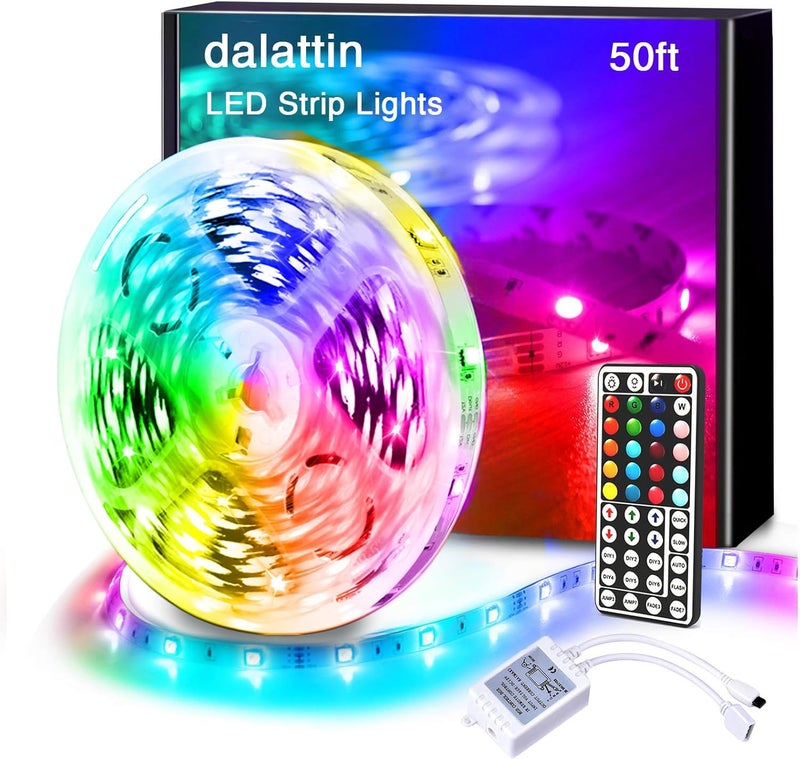 dalattin Led Lights for Bedroom 50ft, RGB 5050 Led Strip Lights Color Changing Kit with 44 Keys Remote Controller and 12V Power Supply Led Light Strips Indoor Decoration - Image 1