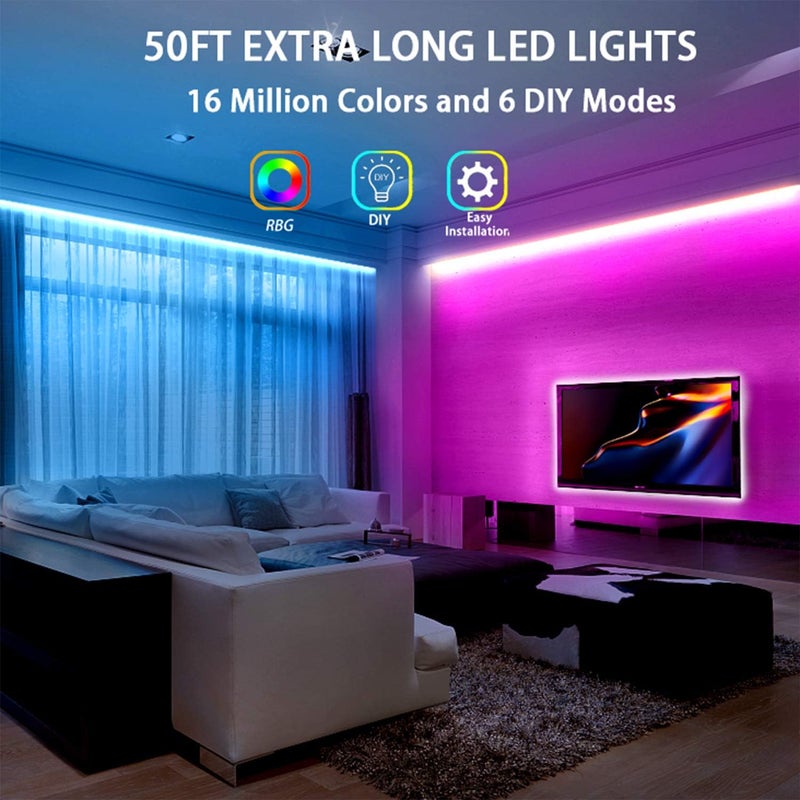 dalattin Led Lights for Bedroom 50ft, RGB 5050 Led Strip Lights Color Changing Kit with 44 Keys Remote Controller and 12V Power Supply Led Light Strips Indoor Decoration - Image 2