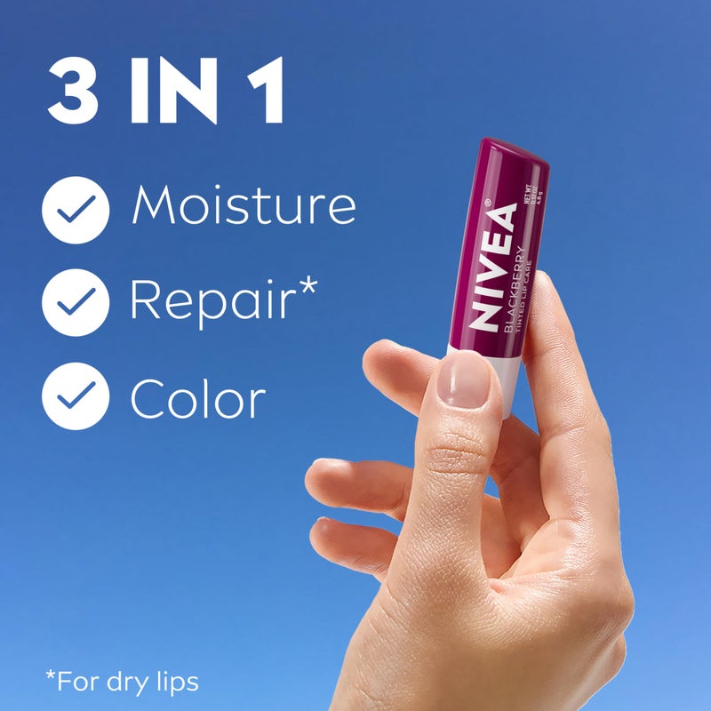 NIVEA Blackberry Lip Care, Tinted Lip Balm with Shea Butter, Nourishing Oils and Vitamin C & E, 3-in-1 Moisture, Repair (for Dry Lips) and Color, 0.17 Oz Stick - Image 2