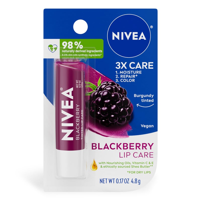 NIVEA Blackberry Lip Care, Tinted Lip Balm with Shea Butter, Nourishing Oils and Vitamin C & E, 3-in-1 Moisture, Repair (for Dry Lips) and Color, 0.17 Oz Stick - Image 1