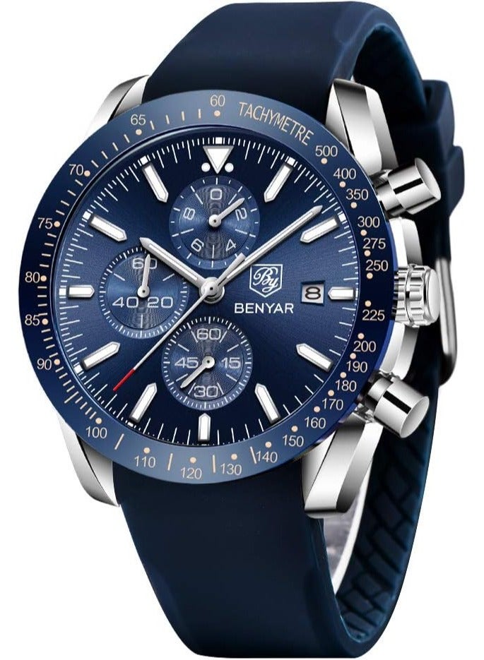 BENYAR Mens Watch Waterproof Chronograph Date Watch for Men Rubber Strap Quartz Movement Analog Watch Business Casual Gift for Men - Image 1