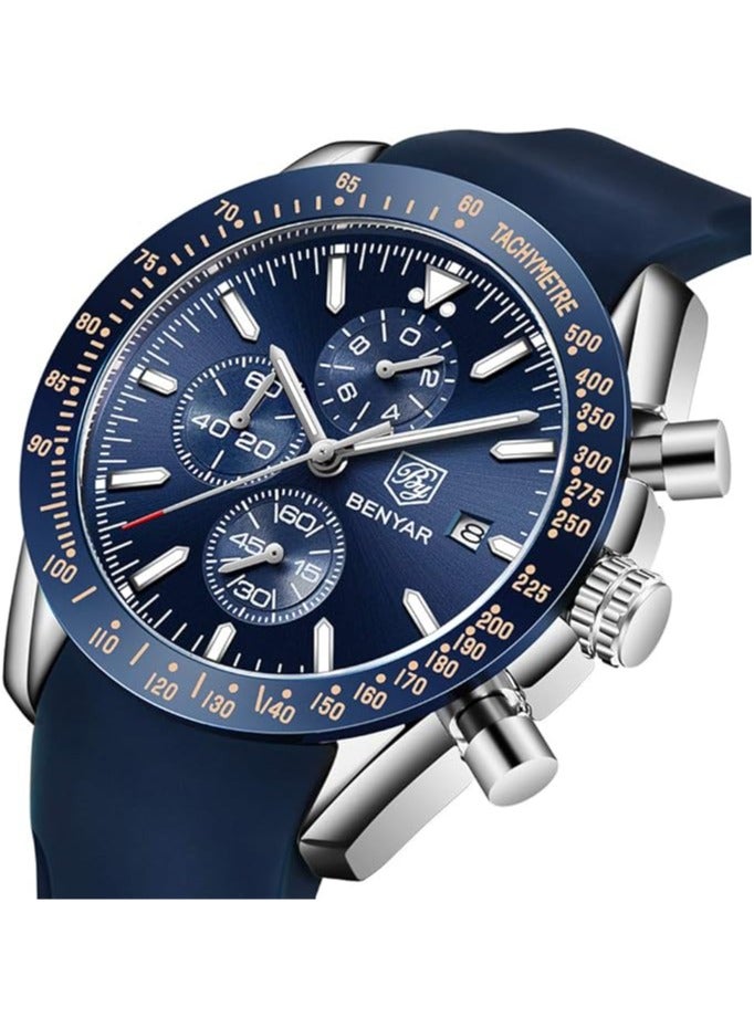 BENYAR Mens Watch Waterproof Chronograph Date Watch for Men Rubber Strap Quartz Movement Analog Watch Business Casual Gift for Men - Image 2