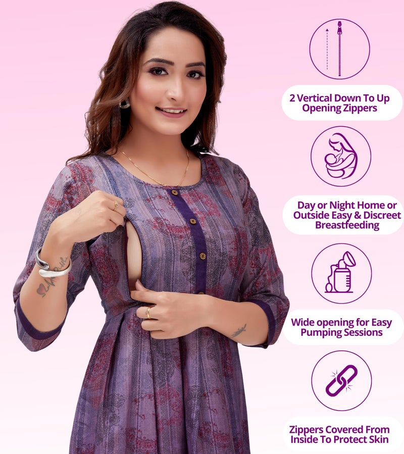 RITIJYA Feeding Kurtis For Women With Zip | Maternity Gown Pregnancy Dress For Nursing Mothers | Viscose Rayon Relaxed Fit | Maternity Wear Feeding Dress Tops (3XL, Purple, 9021_46) - Image 2