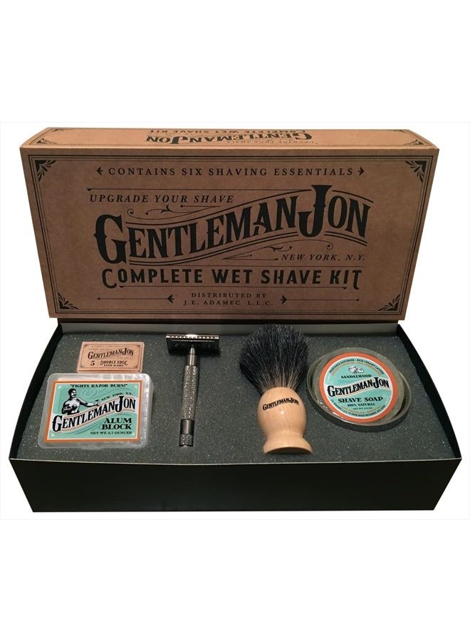 Gentleman Jon طقم حلاقة مبللة كامل | يتضمن 6 عناصر: ماكينة حلاقة آمنة، فرشاة شعر ثعلب، كتلة ألوم، صابون حلاقة، وعاء من الفولاذ المقاوم للصدأ وخمسة شفرات حلاقة - Image 1